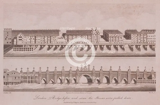Two Views of London Bridge (old), London, 1805. Artist: A Birrell