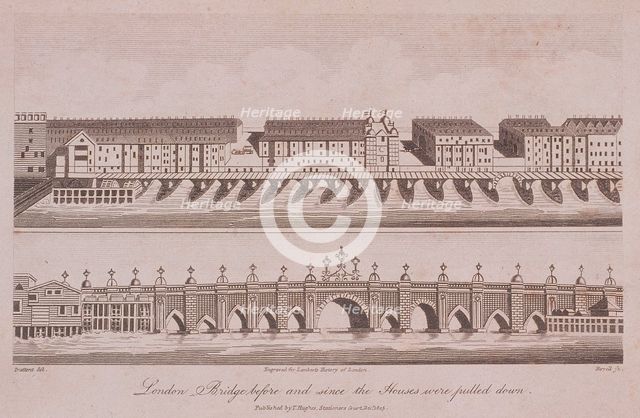 Two Views of London Bridge (old), London, 1805. Artist: A Birrell