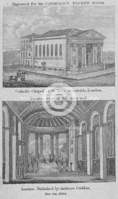 Two views of St Mary's Roman Catholic Church, Moorfields, City of London, 1824. Artist: Anon