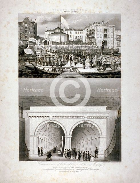 Two views of the Thames Tunnel, commemorating the visit by Queen Victoria, London, 1843. Artist: T Brandon