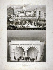 Two views of the Thames Tunnel, commemorating the visit by Queen Victoria, London, 1843. Artist: T Brandon