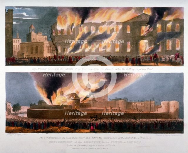 Two views of the destruction of the Armoury in the Tower of London by fire, 30 October 1841. Artist: W Kohler & Co