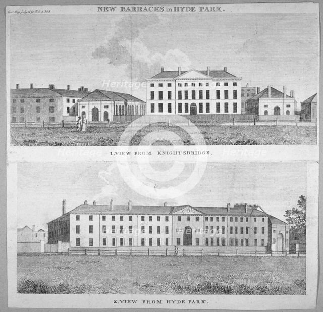 Two views of the new barracks in Hyde Park, London, 1797.                                   Artist: Anon
