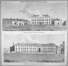 Two views of the new barracks in Hyde Park, London, 1797. Artist: Anon