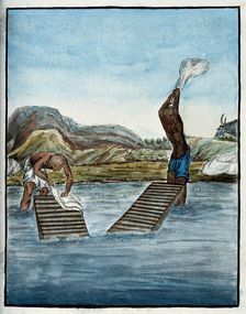 Two washer-men cleaning clothes by beating them against washing racks in a river. Creator: Unknown