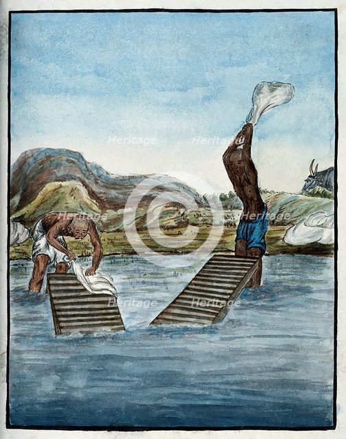 Two washer-men cleaning clothes by beating them against washing racks in a river. Creator: Unknown.