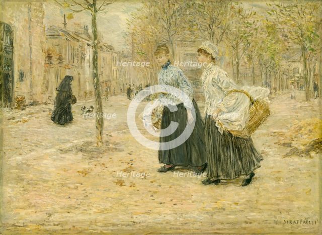 Two Washerwomen Crossing a Small Park in Paris, c. 1890. Creator: Jean Francois Raffaelli.