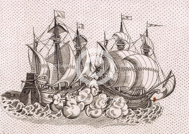 Two warships firing at each other, 1583. Creator: Christopher Saxton.