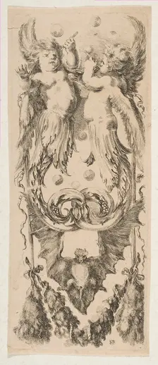 Two Winged Children with Bodies Turning into Ornament Blowing Bubbles, ca. 1653. Creator: Stefano della Bella