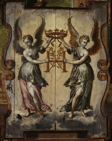 Two winged figures supporting an "H" topped with a ducal crown, between 1589 and 1600. Creator: Unknown