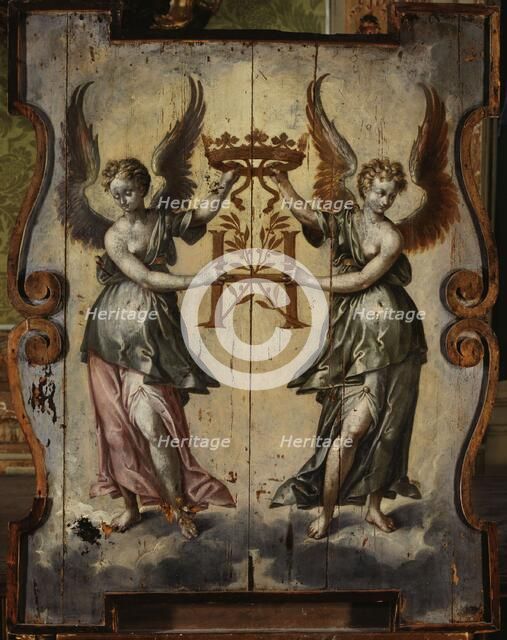 Two winged figures supporting an "H" topped with a ducal crown, between 1589 and 1600. Creator: Unknown.