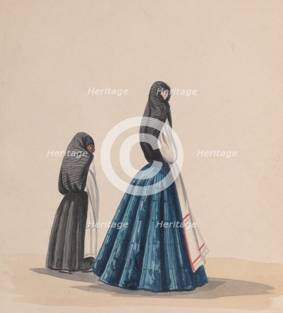 Two woman wearing the saya viewed in profile, from a group of drawings depicting..., ca. 1848. Creator: Attributed to Francisco (Pancho) Fierro.