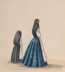 Two woman wearing the saya viewed in profile, from a group of drawings depicting..., ca. 1848. Creator: Attributed to Francisco (Pancho) Fierro
