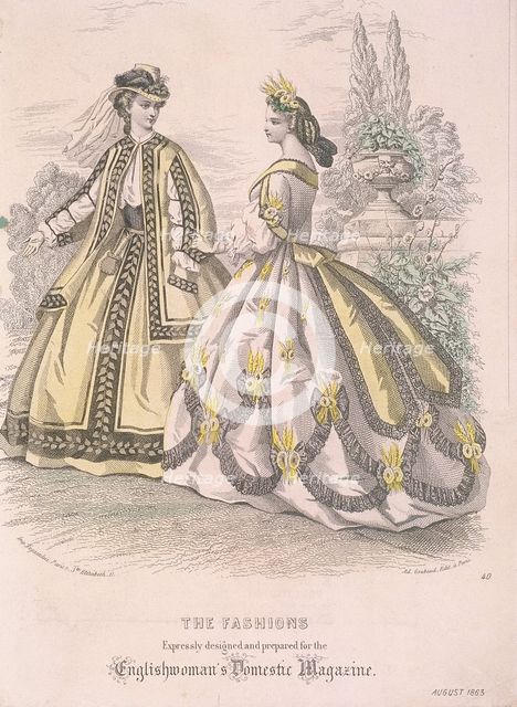 Two women model the latest fashions, 1863. Artist: Anon