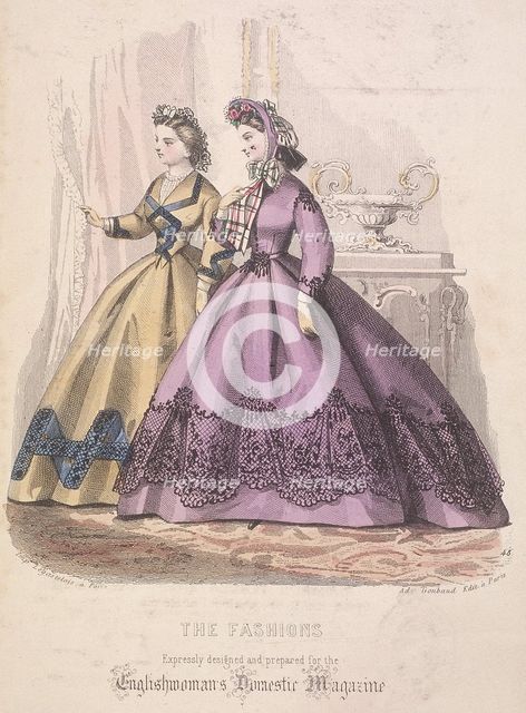 Two women model the latest fashions, 1864. Artist: Anon