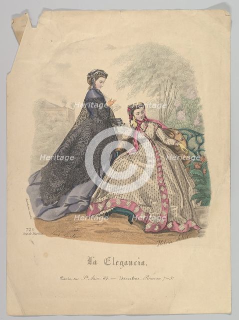 Two Women Outdoors, No. 720, from La Elegancia (Barcelona), 19th century. Creator: Heloise Leloir.
