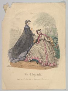 Two Women Outdoors, No. 720, from La Elegancia (Barcelona), 19th century. Creator: Heloise Leloir