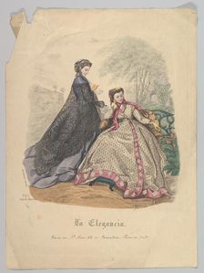 Two Women Outdoors, No. 720, from La Elegancia (Barcelona), 19th century. Creator: Heloise Leloir