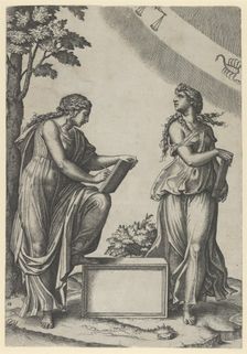 Two women of the zodiac standing beneath the signs of Libra and Scorpio, ca. 1517-20.. Creator: Marcantonio Raimondi