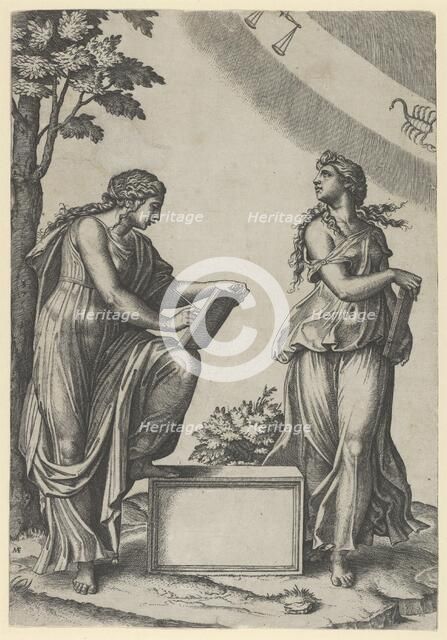 Two women of the zodiac standing beneath the signs of Libra and Scorpio, ca. 1517-20.. Creator: Marcantonio Raimondi.