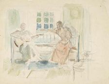 Two women on a couch, one playing the guitar, c1890s. Creator: Albert Edelfelt