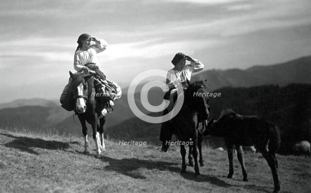 Two women on horseback, Bistrita Valley, Moldavia, north-east Romania, c1920-c1945. Artist: Adolph Chevalier