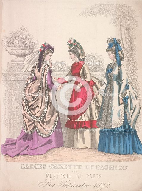 Two women on the left wearing seaside fashions, the woman on the right wears a garden dress, 1864. Artist: Anon
