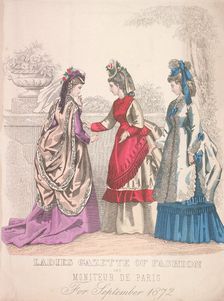 Two women on the left wearing seaside fashions, the woman on the right wears a garden dress, 1864. Artist: Anon
