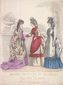 Two women on the left wearing seaside fashions, the woman on the right wears a garden dress, 1864. Artist: Anon
