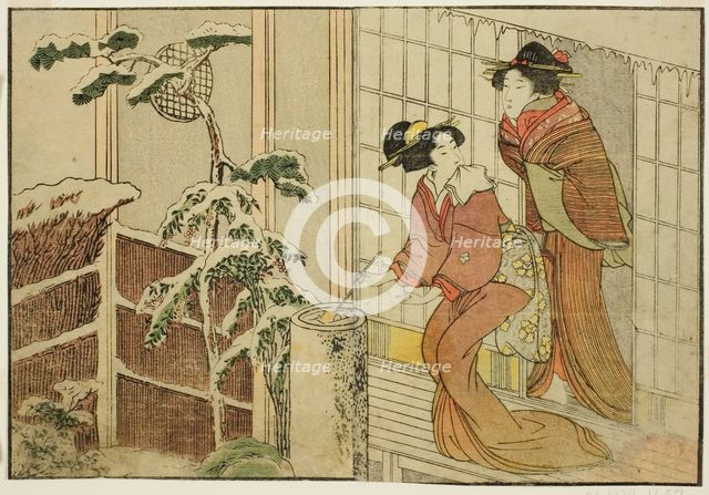 Two Women on Verandah on a Snowy Morning, from the illustrated book "Picture..., New Year, 1801. Creator: Kitagawa Utamaro.