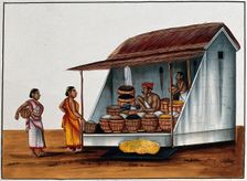 Two women at a shop selling grains and pulses, (between 1800 and 1899?). Creator: Unknown