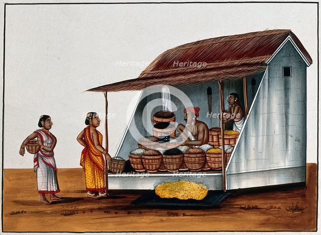 Two women at a shop selling grains and pulses, (between 1800 and 1899?). Creator: Unknown.