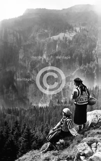 Two women admiring a view, Bistrita Valley, Moldavia, north-east Romania, c1920-c1945. Artist: Adolph Chevalier