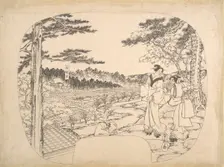 Two Women Admiring the Sights from a Vantage Point...the Zenpukuji Temple, 19th century. Creator: Sadahide Utagawa
