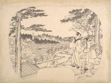 Two Women Admiring the Sights from a Vantage Point...the Zenpukuji Temple, 19th century. Creator: Sadahide Utagawa