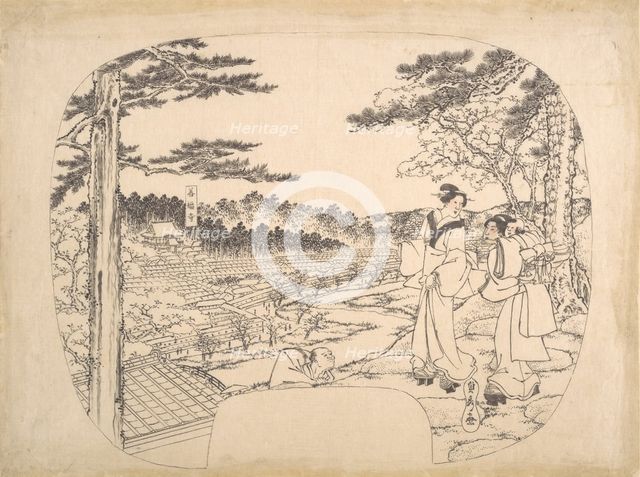 Two Women Admiring the Sights from a Vantage Point...the Zenpukuji Temple, 19th century. Creator: Sadahide Utagawa.