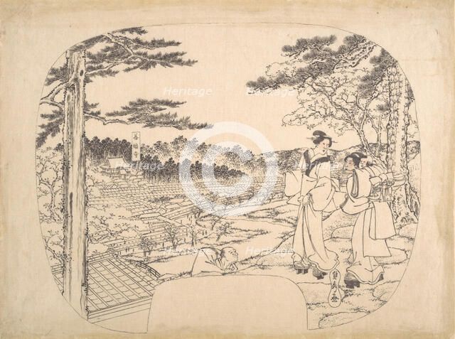 Two Women Admiring the Sights from a Vantage Point...the Zenpukuji Temple, 19th century. Creator: Sadahide Utagawa.