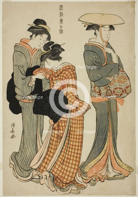 Two Women and a Maid, from the series "A Brocade of Eastern Manners (Fuzoku..., c. 1783/84. Creator: Torii Kiyonaga.
