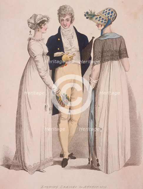 Two women and a man wearing evening dress, 1808. Artist: W Read