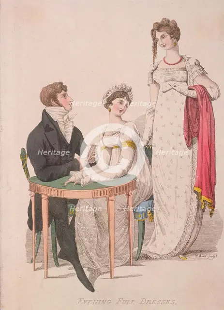 Two women and a man wearing full evening dress, c1810. Artist: W Read