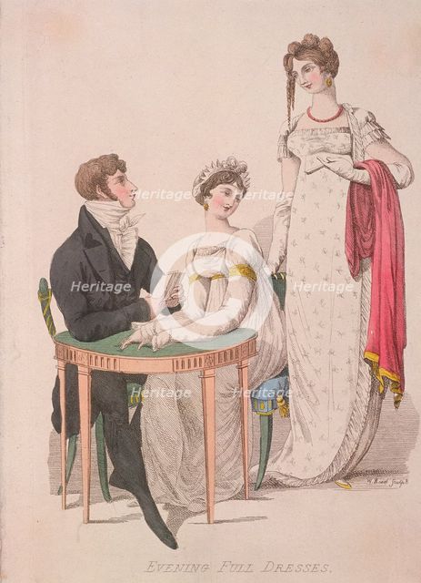 Two women and a man wearing full evening dress, c1810. Artist: W Read
