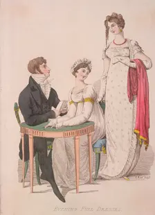 Two women and a man wearing full evening dress, c1810. Artist: W Read