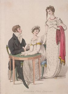 Two women and a man wearing full evening dress, c1810. Artist: W Read