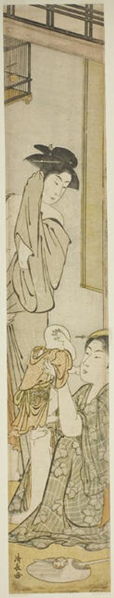 Two Women and a Child after a Bath, c. 1782. Creator: Torii Kiyonaga