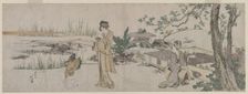 Two Women and a Child Beside a Goldfish Tank, c. 1800. Creator: Katsushika Hokusai (Japanese, 1760-1849)