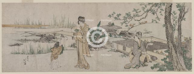 Two Women and a Child Beside a Goldfish Tank, c. 1800. Creator: Katsushika Hokusai (Japanese, 1760-1849).