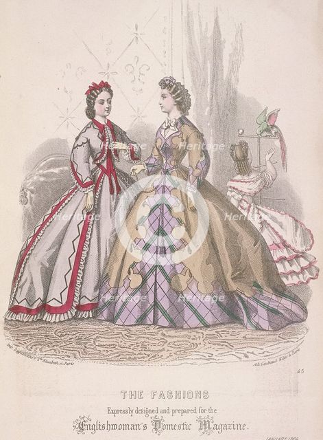Two women and a child playing with a parrot model the latest fashions, 1864 Artist: Anon