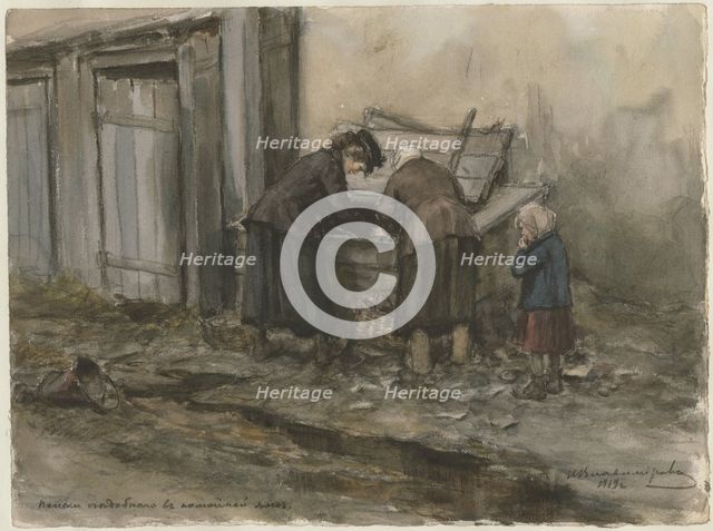 Two women and a child searching through trash bin (from the series of watercolors Russian revolution Artist: Vladimirov, Ivan Alexeyevich (1869-1947)
