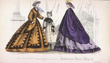 Two women and a child wearing the latest fashions, 1864. Artist: Anon