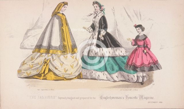 Two women and a child wearing the latest fashions, 1864. Artist: Anon